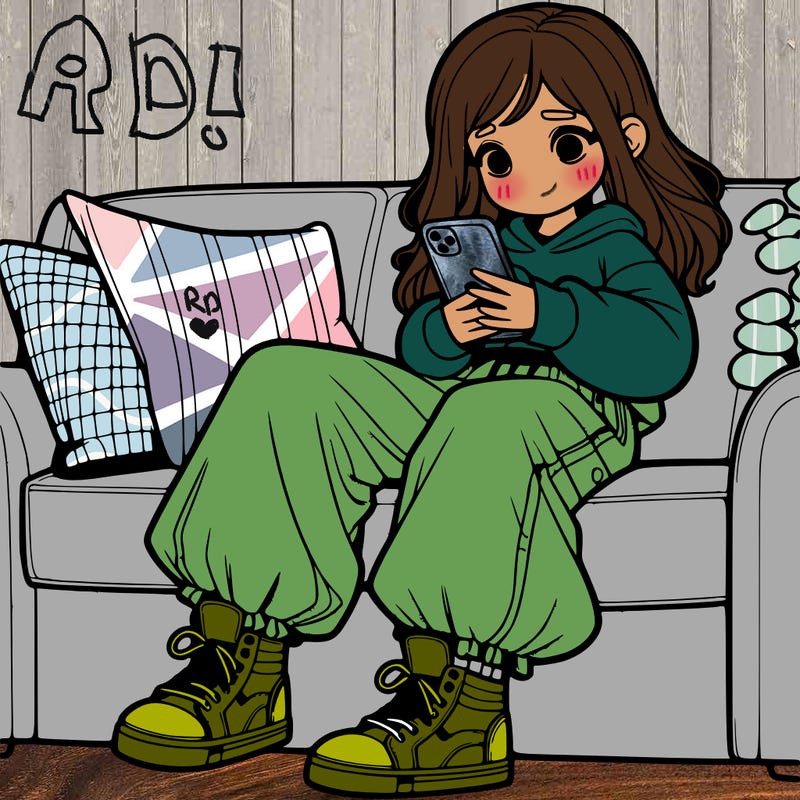 girl baggy pants on her phone on the couch