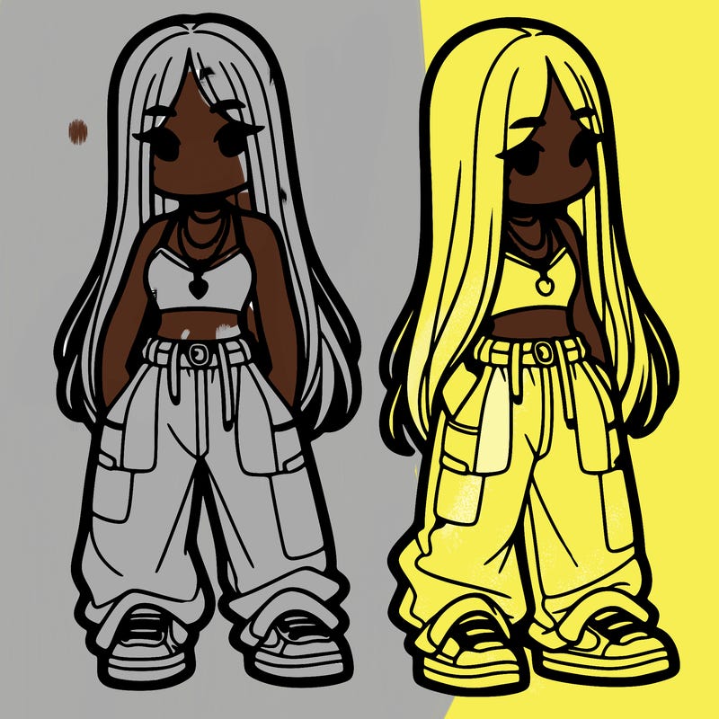 girl in baggy pants crop top and long hair