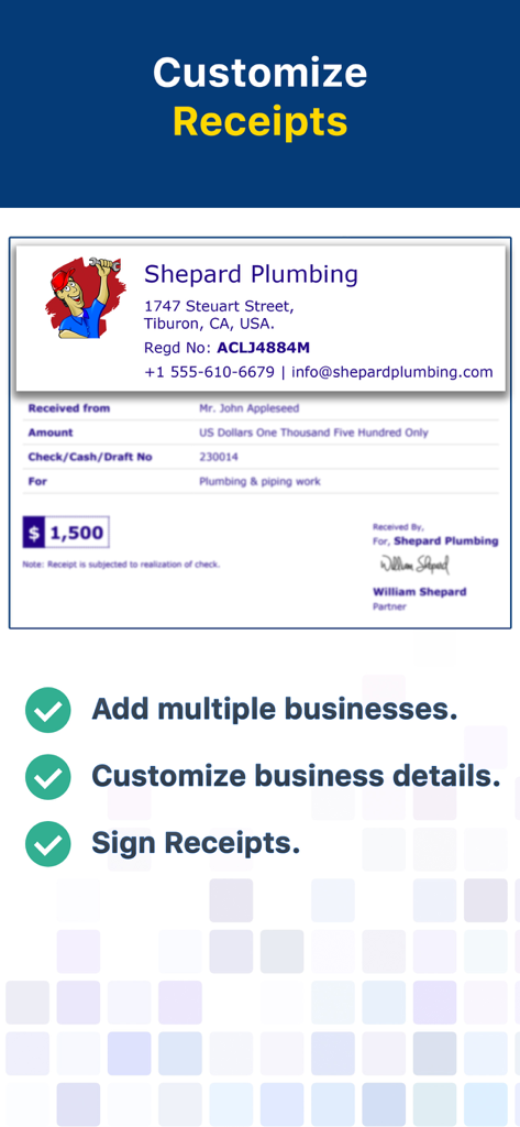 Receipt Maker - Sign & Send - Vorschau einer individuellen Geschäftsquittung mit einem professionellen Logo und einer digitalen Unterschrift