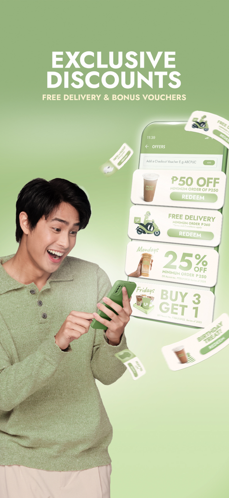 PICKUP COFFEE - A young man using the PICKUP COFFEE app to view exclusive discounts like buy three get one free and free delivery vouchers.