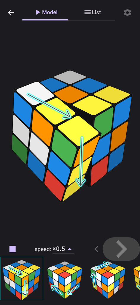 ASolver>I'll solve your puzzle - La aplicación ASolver mostrando un modelo 3D interactivo con flechas para resolver un cubo de Rubik.