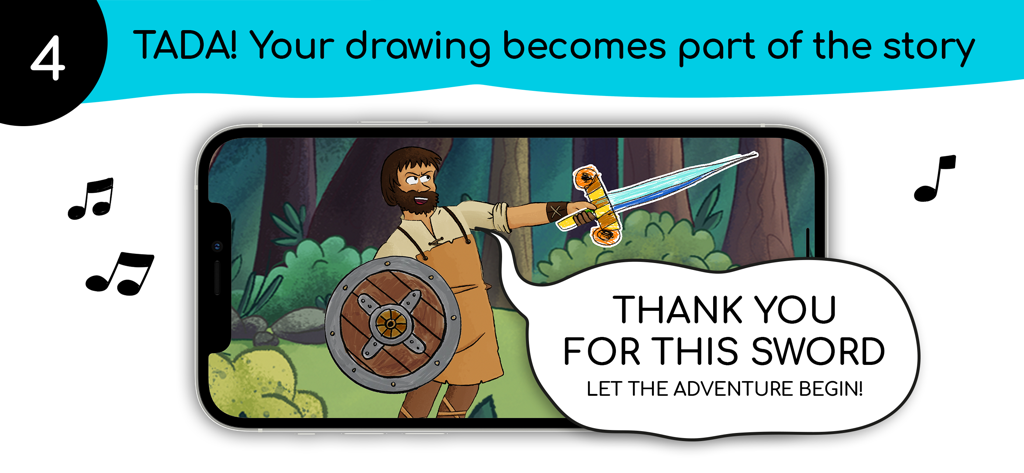 Wakatoon Interactive Cartoons - A cartoon character on a phone screen holding a sword drawn and colored by a child