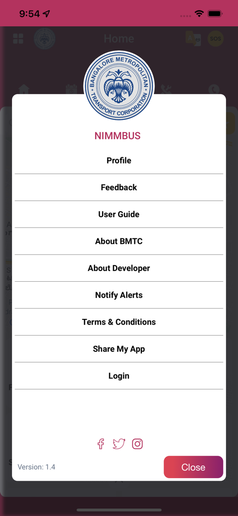Namma BMTC - Main menu of the Namma BMTC app displaying options for Profile Feedback and User Guide
