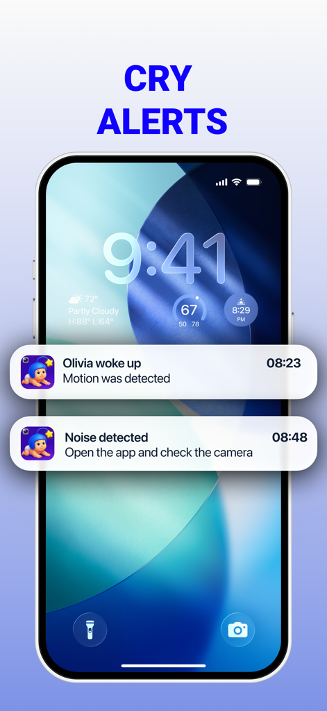 Baby sitter camera Wendy - Smartphone lock screen displaying cry and motion detection notifications from the Wendy baby monitor app