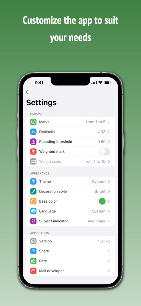 Settings screen of the Want mark app showing customizable grading scales and appearance options