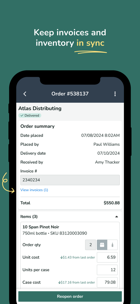 Backbar - Backbar app interface displaying a detailed order summary for Atlas Distributing including unit costs and inventory quantity tracking