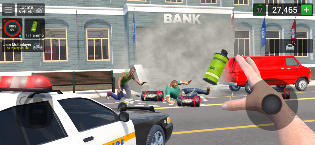 Police Simulator Cop Car Duty - Aus der Egoperspektive wirft ein Polizist eine Rauchgranate auf Bankräuber