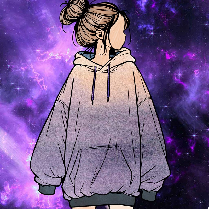 realistic girl with a oversized sweatshirt on and a bun
