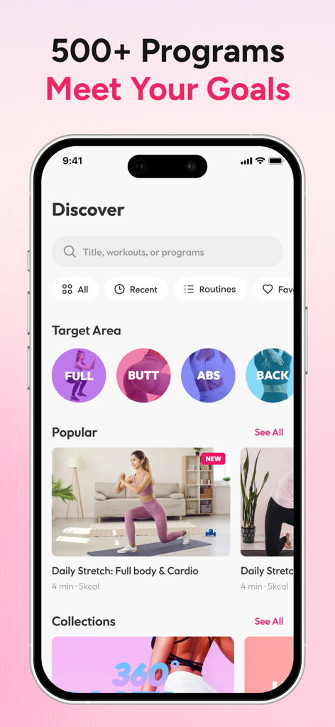 Screenshot of the Workout for Women app showing various fitness programs and body target area categories like abs and butt.