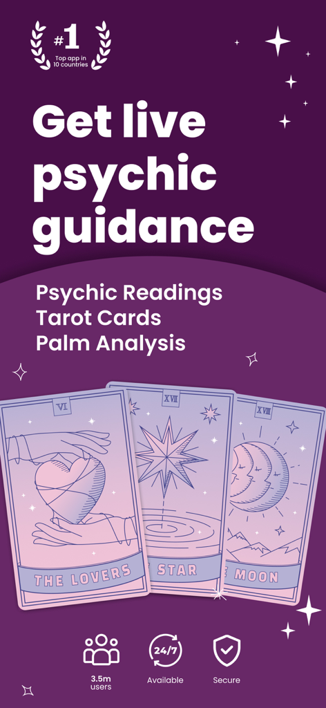 Zodiac Psychics: Tarot Reading - Promotional screen for Zodiac Psychics app featuring tarot cards and psychic guidance text