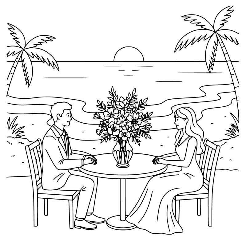 realistic couple going out for dinner with flowers on the table by a beach