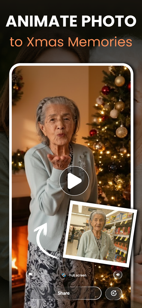An elderly woman blowing a kiss in front of a Christmas tree in an AI-animated video created from a still photo.