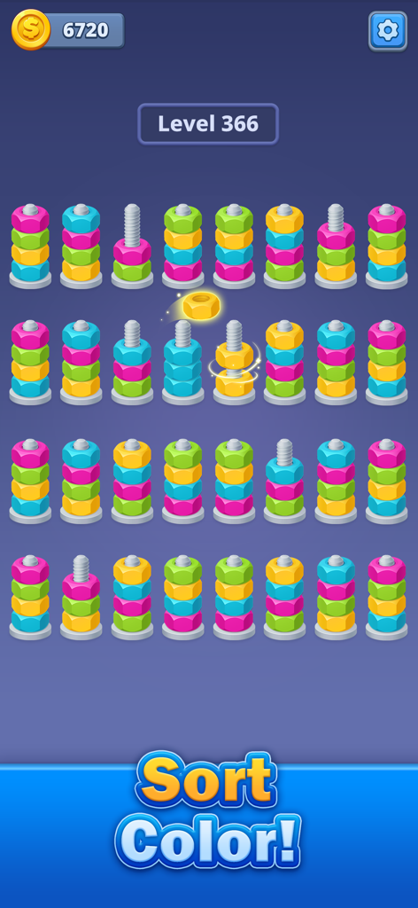 Nuts Factory: Sort Puzzle - Jugabilidad de Nuts Factory Sort Puzzle mostrando tuercas coloridas organizadas en tornillos.