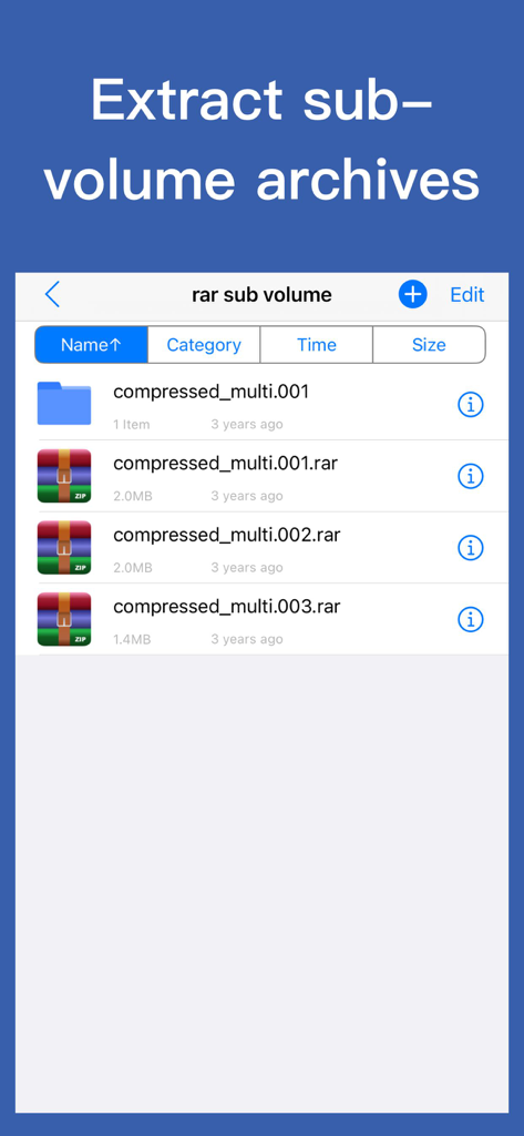 iRAR - zip,rar,7z file opener - Interfaccia dell'app iRAR che visualizza un elenco di archivi RAR multi-volume pronti per l'estrazione.
