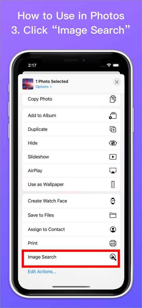 Power Reverse Image Search - Pantalla del iPhone que muestra la opción Búsqueda de Imágenes resaltada en el menú de la hoja de compartir de iOS.