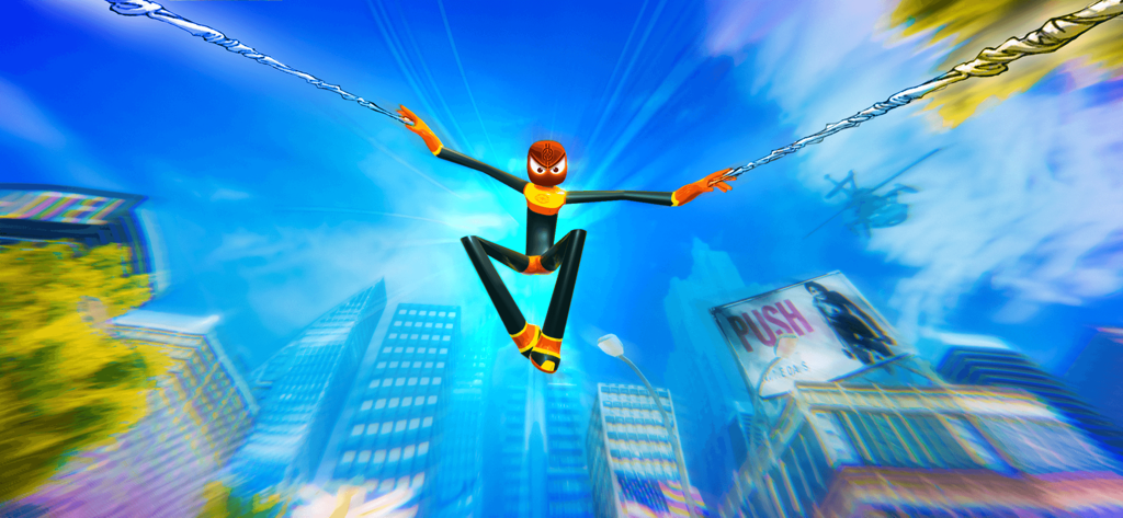 Stickman Spider Rope Hero 3D - Stickman spider hero swinging through a 3D city sky using rope webs