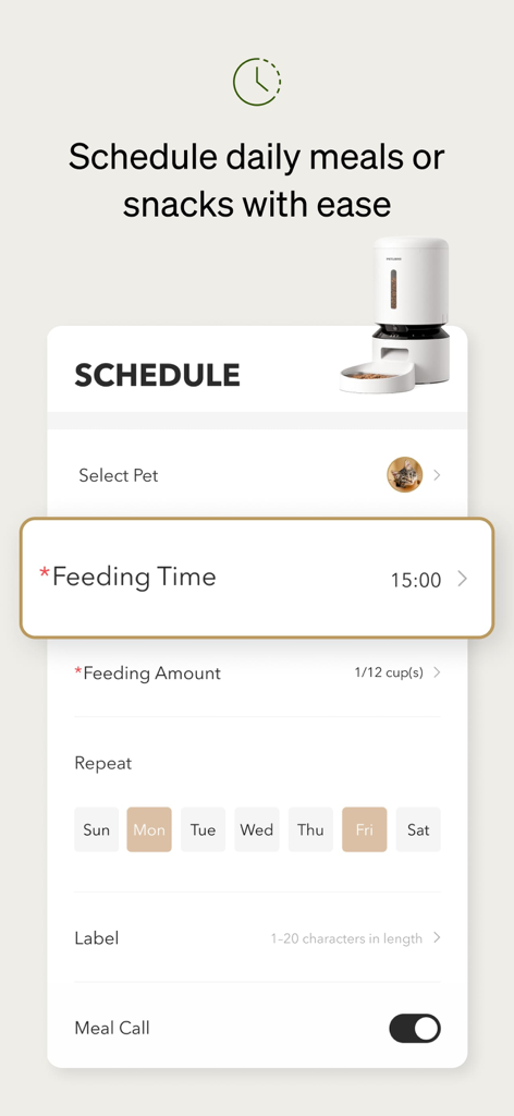 Petlibro - Petlibro App-Oberfläche zur Planung täglicher Mahlzeiten und Fütterungsmengen für Haustiere