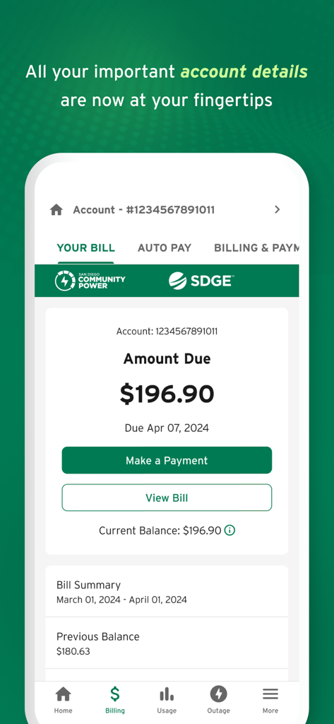 My Energy Center - The My Energy Center app billing dashboard showing an account balance of 196 dollars and 90 cents with buttons to make a payment or view the bill