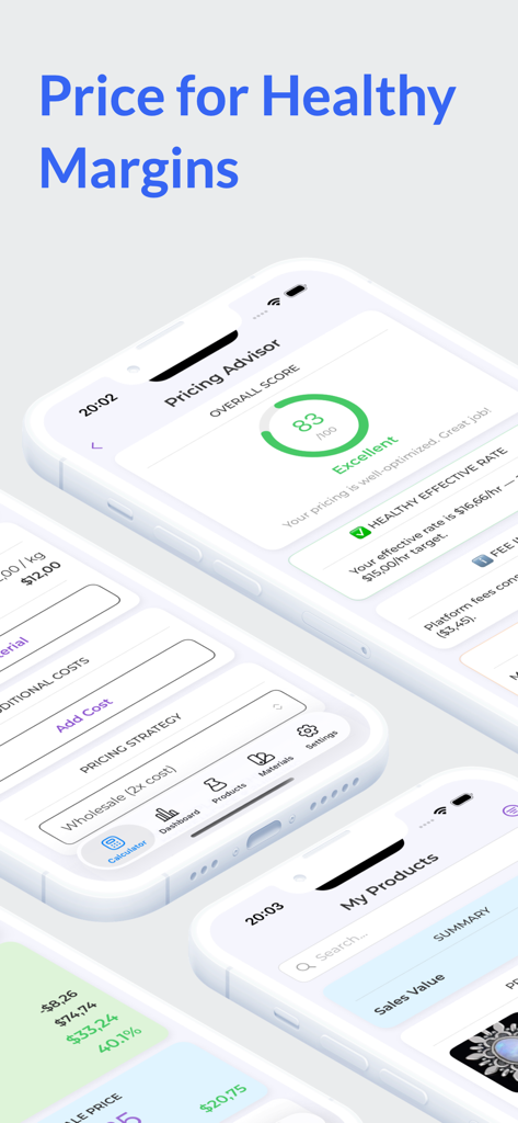 Craft Pricing: Cost & Profit - 価格設定アドバイザースコア、製品コスト、職人向けの利益率分析が表示されるCraft Pricingアプリの画面