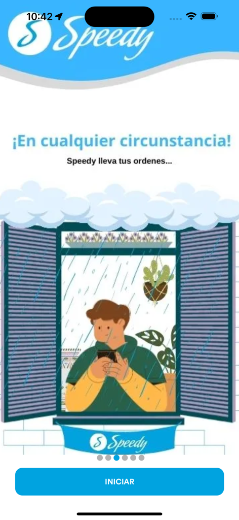 Speedyアプリのイラスト。雨の中、携帯電話で配達を注文している人を示しています。