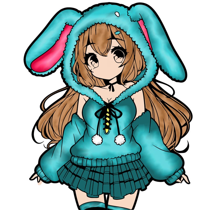 pretty anime girl wearing a fluffy hoodie with bunny ears on the hood and a skirt