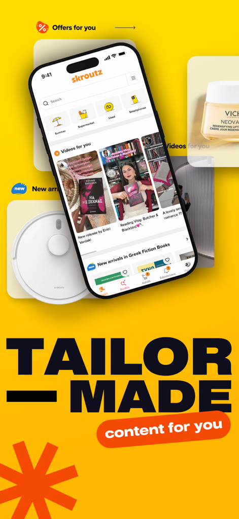 Skroutz - Smartphone screen displaying the Skroutz app with a personalized video reviews section for books and the tagline Tailor-Made content for you.