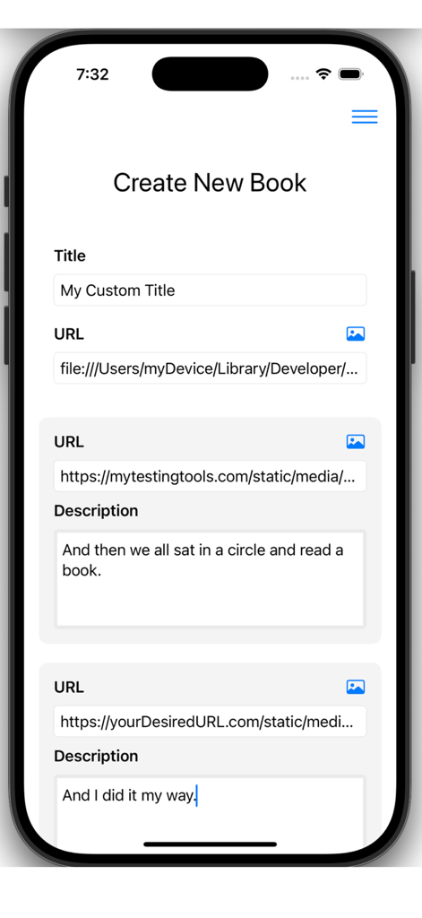 My Book Pro - Screen from My Book Pro app showing the process of creating a new book with fields for title image URLs and page descriptions