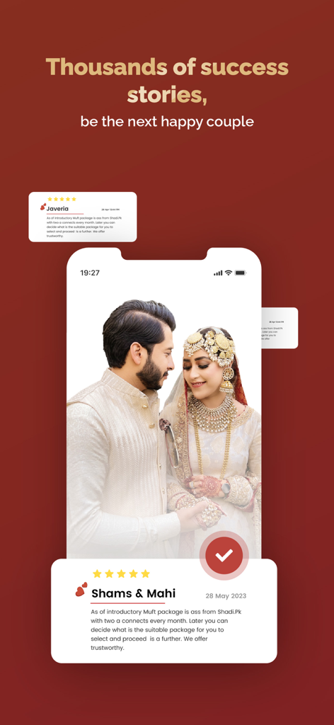 Shadi.Pk - Matrimonial App - Una pareja feliz vestida con atuendo tradicional pakistaní en la aplicación Shadi.Pk con testimonios de historias de éxito