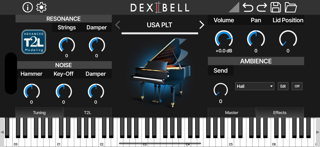 T2L Piano - T2L Piano app interface with grand piano sound modeling and ambience controls