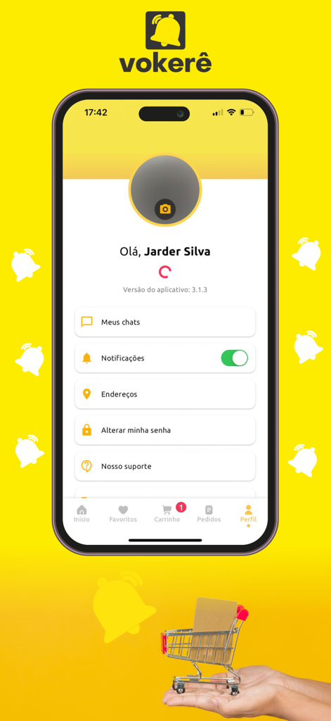 Vokerê - User profile screen of the Vokerê delivery and shopping application showing account settings