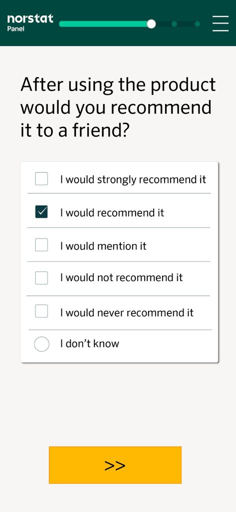 Norstatpanel - Schermata di un sondaggio mobile di Norstatpanel che chiede all'utente se raccomanderebbe un prodotto a un amico, con opzioni a scelta multipla.