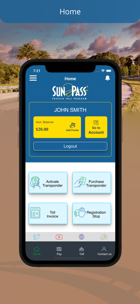 SunPass mobile app home screen showing user account balance and toll management options