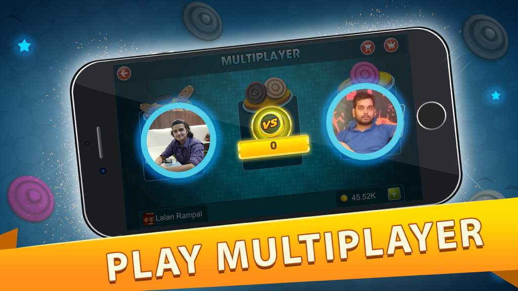 Carrom Live! - Smartphone screen displaying the multiplayer matchmaking interface of Carrom Live with player profile pictures