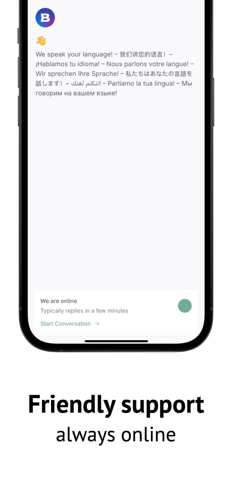 Bebra VPN customer support screen showing multilingual chat assistance