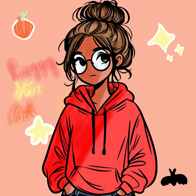 teen girl with a messy bun and glasses wearing a loose hoodie and jeans
