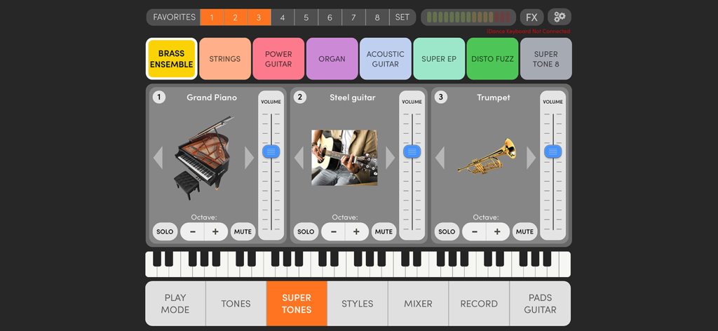 LIVEJAM - Interfaz de Super Tones de la aplicación LIVEJAM para mezclar múltiples instrumentos musicales