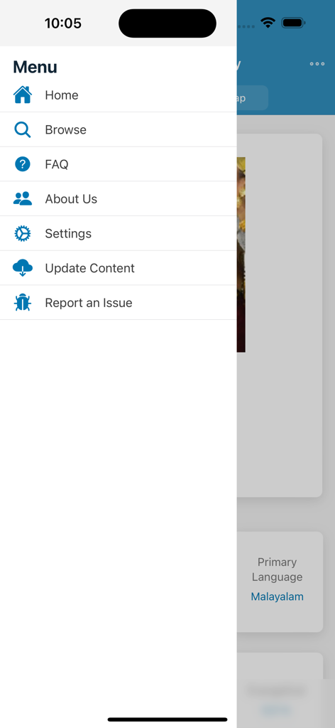 O menu de navegação lateral do aplicativo de oração missionária Não Alcançados do Dia