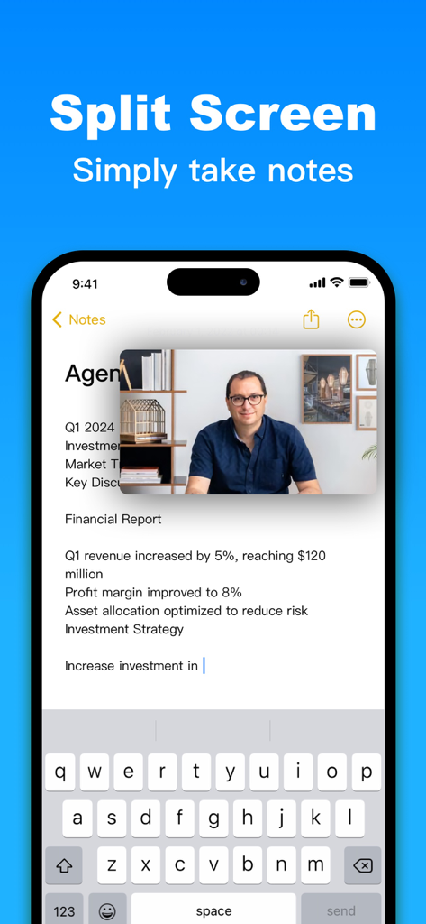 iPhone画面に、マルチタスクのためにノート文書の上にフローティング動画ウィンドウが表示されています