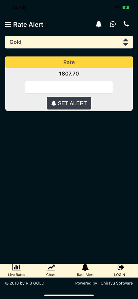 RB Gold Spot - RB Gold Spot app rate alert screen for gold bullion prices