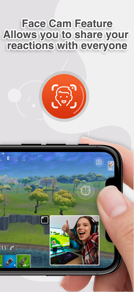 Screen Recorder: The recording - Funcionalidade de câmera facial do aplicativo gravador de tela RecPro com um gamer reagindo ao gameplay em uma janela picture-in-picture