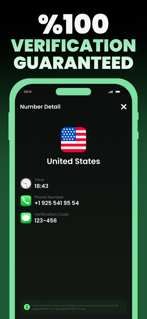 Interfaz de aplicación móvil que muestra un número de teléfono virtual de Estados Unidos y un código de verificación recibido con un mensaje de garantía.