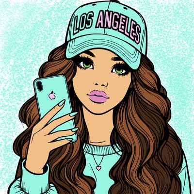 realistic beautiful girl wearing los ángeles cap holding an iphone