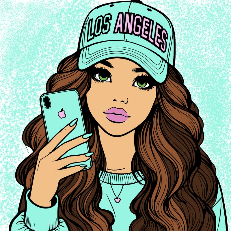realistic beautiful girl wearing los ángeles cap holding an iphone