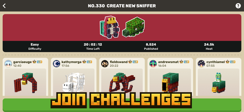 A community challenge screen in Craft Addons for MCPE showing user-created sniffer mob designs.