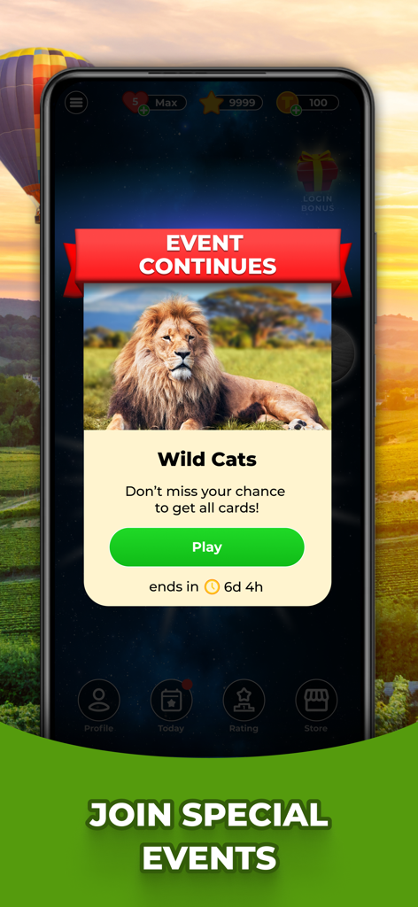 Triviascapes: Quiz & IQ test - La aplicación móvil Triviascapes mostrando una ventana emergente de evento especial para la categoría de gatos salvajes con un león.