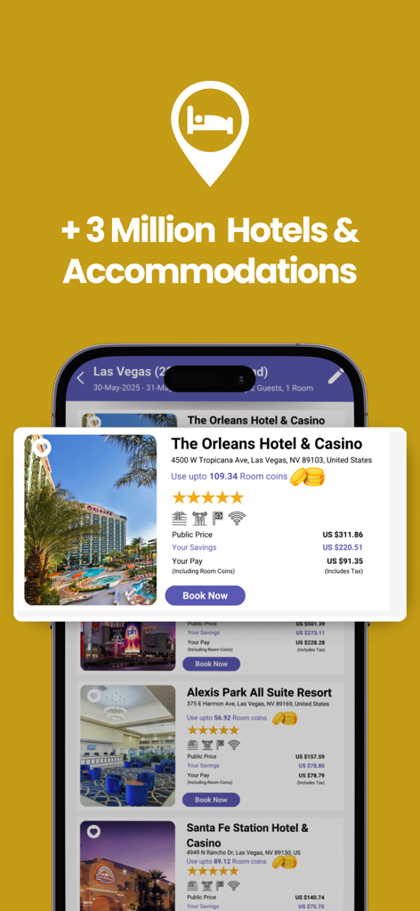 Hotel Rewards: Save on Stays - Mobile App-Oberfläche, die ermäßigte Hotelpreise und Ersparnisse für Unterkünfte in Las Vegas anzeigt
