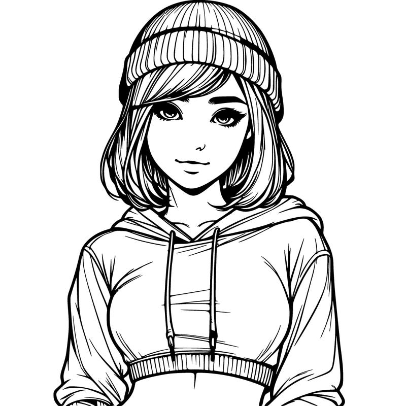 realistic girl with cropped hoodie and beanie