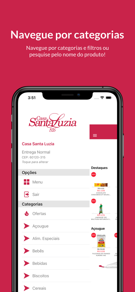 Casa Santa Luzia - Mobile phone screen displaying the product navigation menu and grocery categories for the Casa Santa Luzia app.