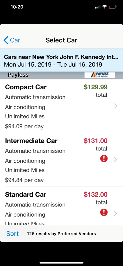 ConcurGov mobile app interface for selecting rental cars with pricing and vehicle specifications