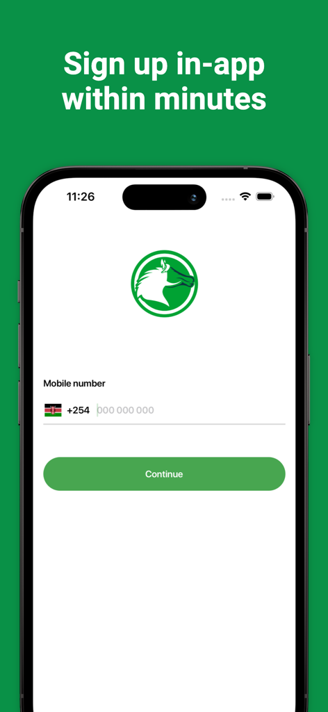 Faras - Faras App Registrierungsbildschirm mit Anzeige der Handynummerregistrierung mit kenianischer Ländervorwahl und dem Markenlogo.